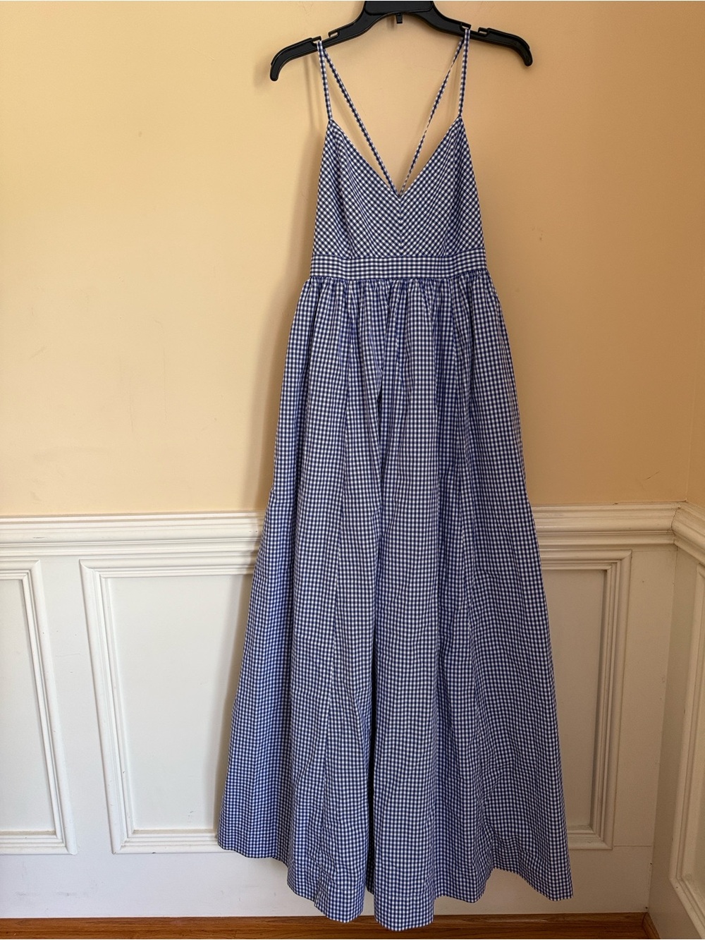 J.Crew Gingham Long Spaghetti-Strap Maxi Dress Navy Blue White Pockets 10 - Picture 8 of 16